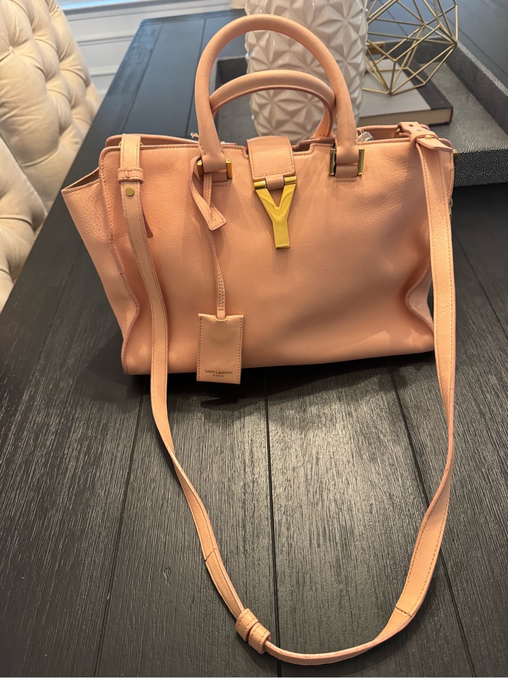 Saint Laurent Cabas Chyc Pink Leather Satchel with Gold Y Hardware